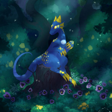 art of a kobold sitting on a tree stump, surrounded by flowers in a forest, with rays of sunlight peeking through the trees